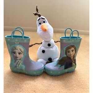 Disney Frozen Elsa Anna Rubber Rain Boots Kids 5/6 Blue Snowflake w/Beanie‎ Olaf